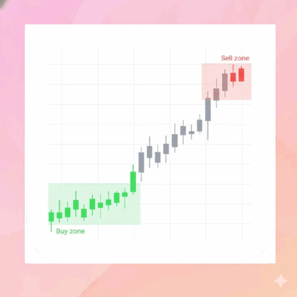 alt="TradingView Chart mit farbcodierten Buy und Sell Zonen"